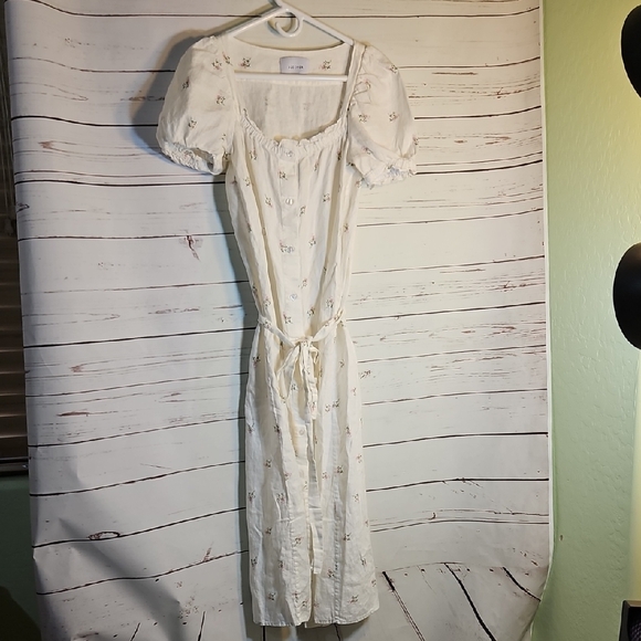 Sleeper White Floral Print Linen Midi Dress Puff Sleeve Button Front  SMALL - Picture 1 of 13